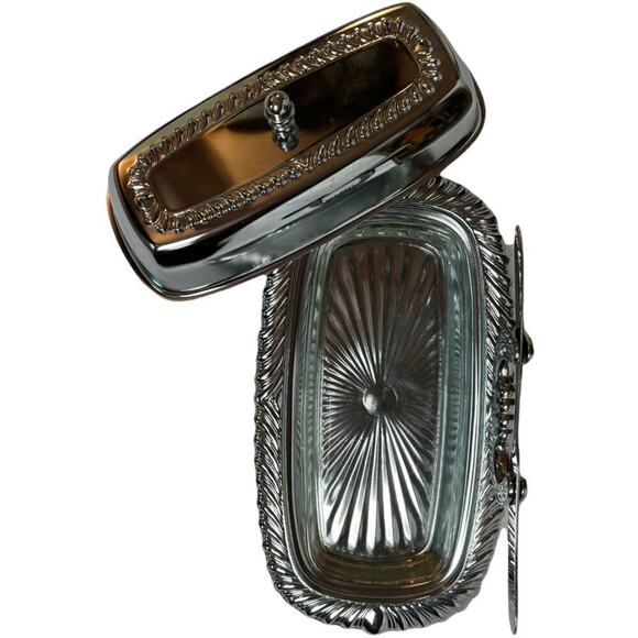 1971 Vintage Irvinware Chrome Plated Glass Insert With Lid & Knife Butter Dish - Picture 2 of 5